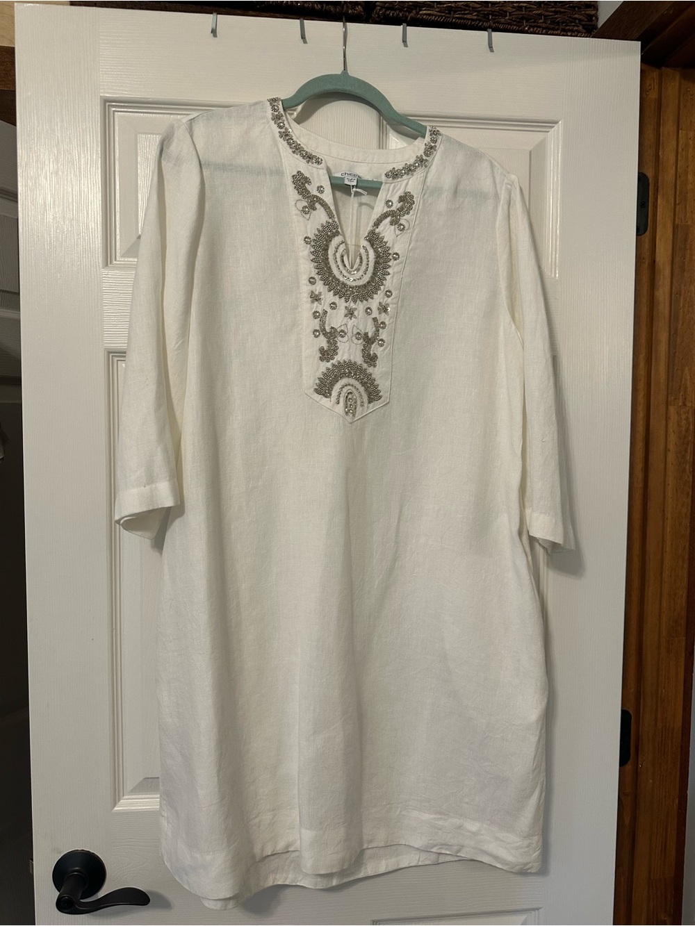 Chico's size 2 White Tunic Dress with Silver Embroidered Yoke